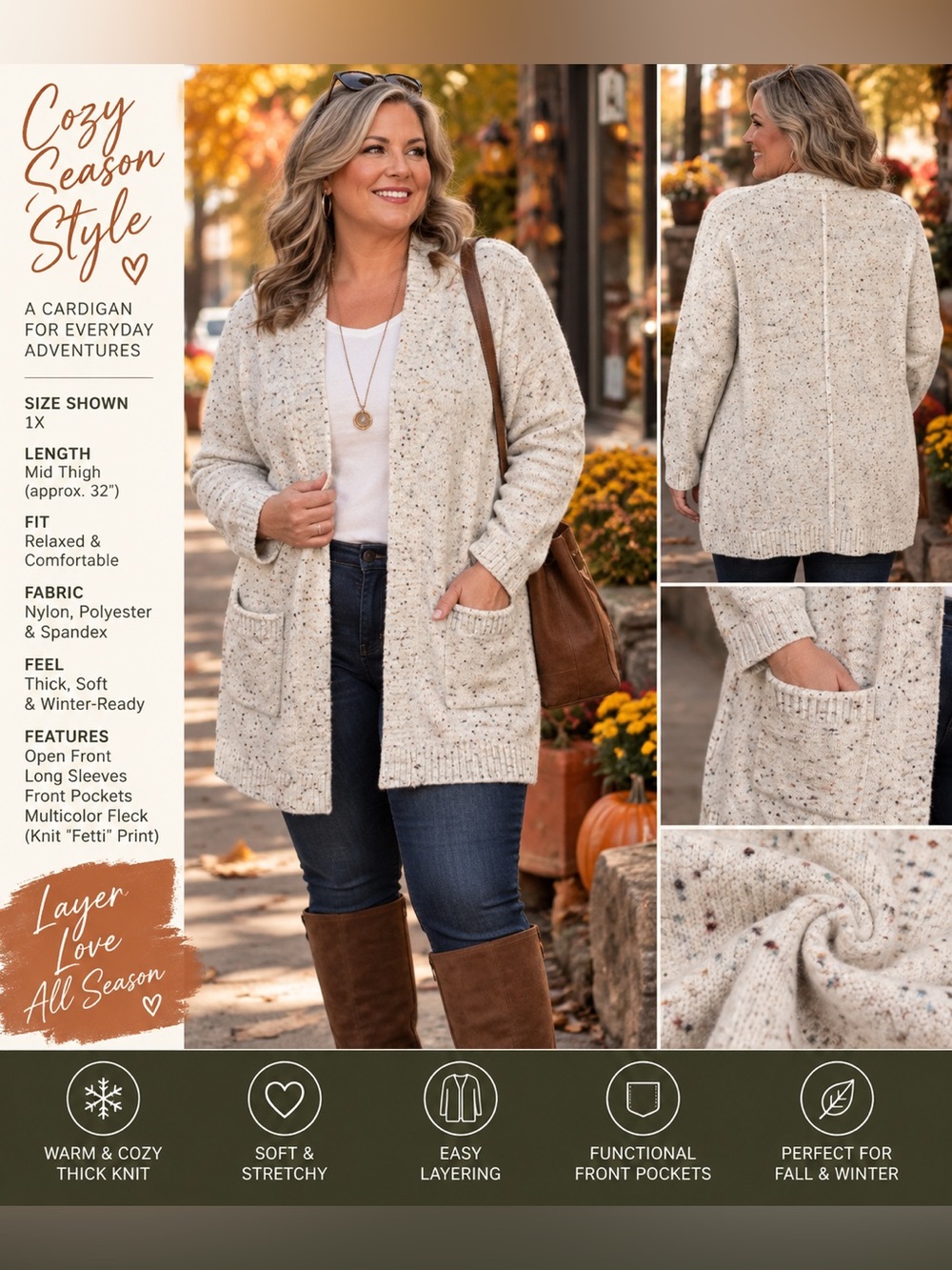 Women's Cream Speckled Open-Front Cardigan with Pockets 1X Funfetti